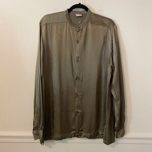 CP Shades Satin Rayon Button Front Blouse Olive Green Size S Moody Classic‎